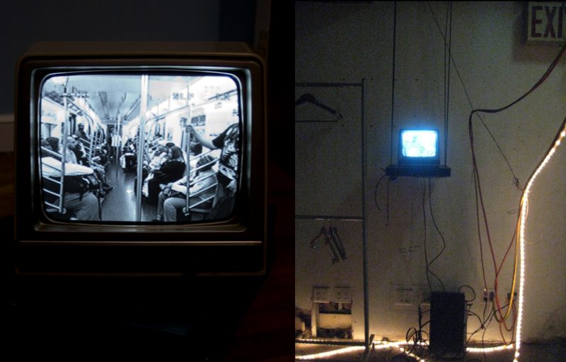 Two photos showing video installation
